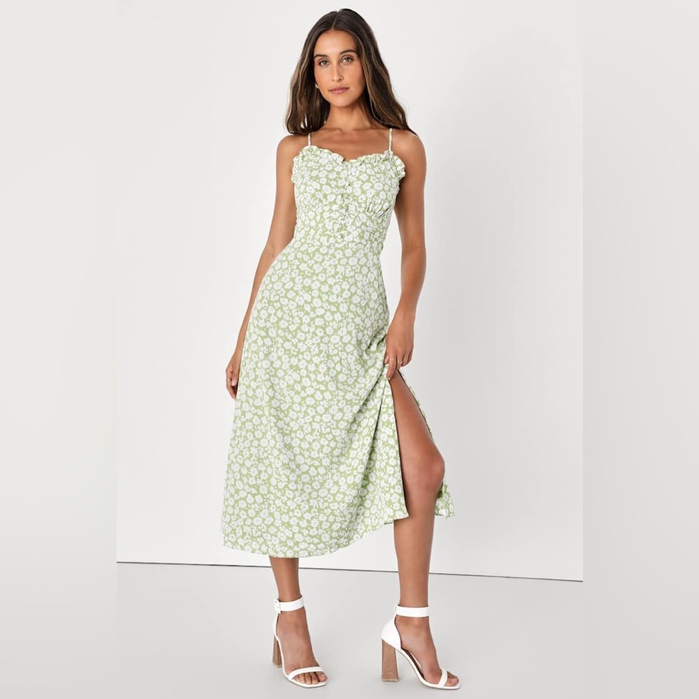 Lulu's Timeless Green Floral Print A- Line Midi Dress NWOT